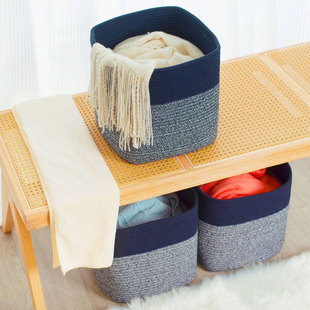 MINTWOOD Design navy woven cube bin in nursery for toys
