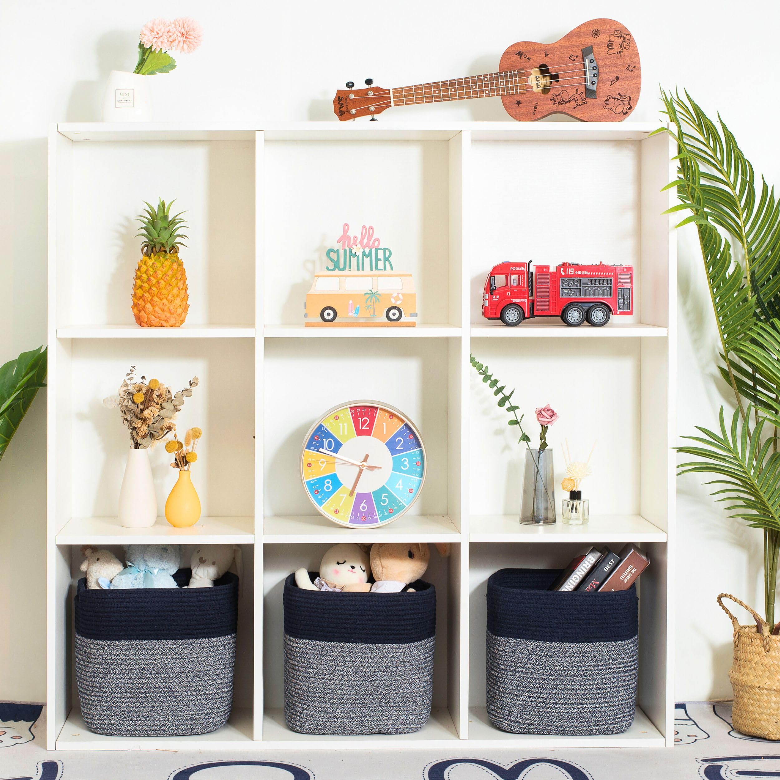 MINTWOOD Design navy woven cube bin on shelf for organized clutter control