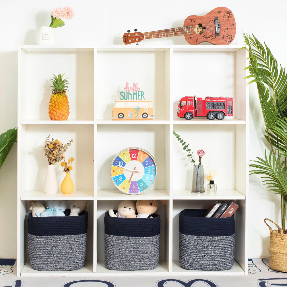 MINTWOOD Design navy woven cube bin on shelf for organized clutter control