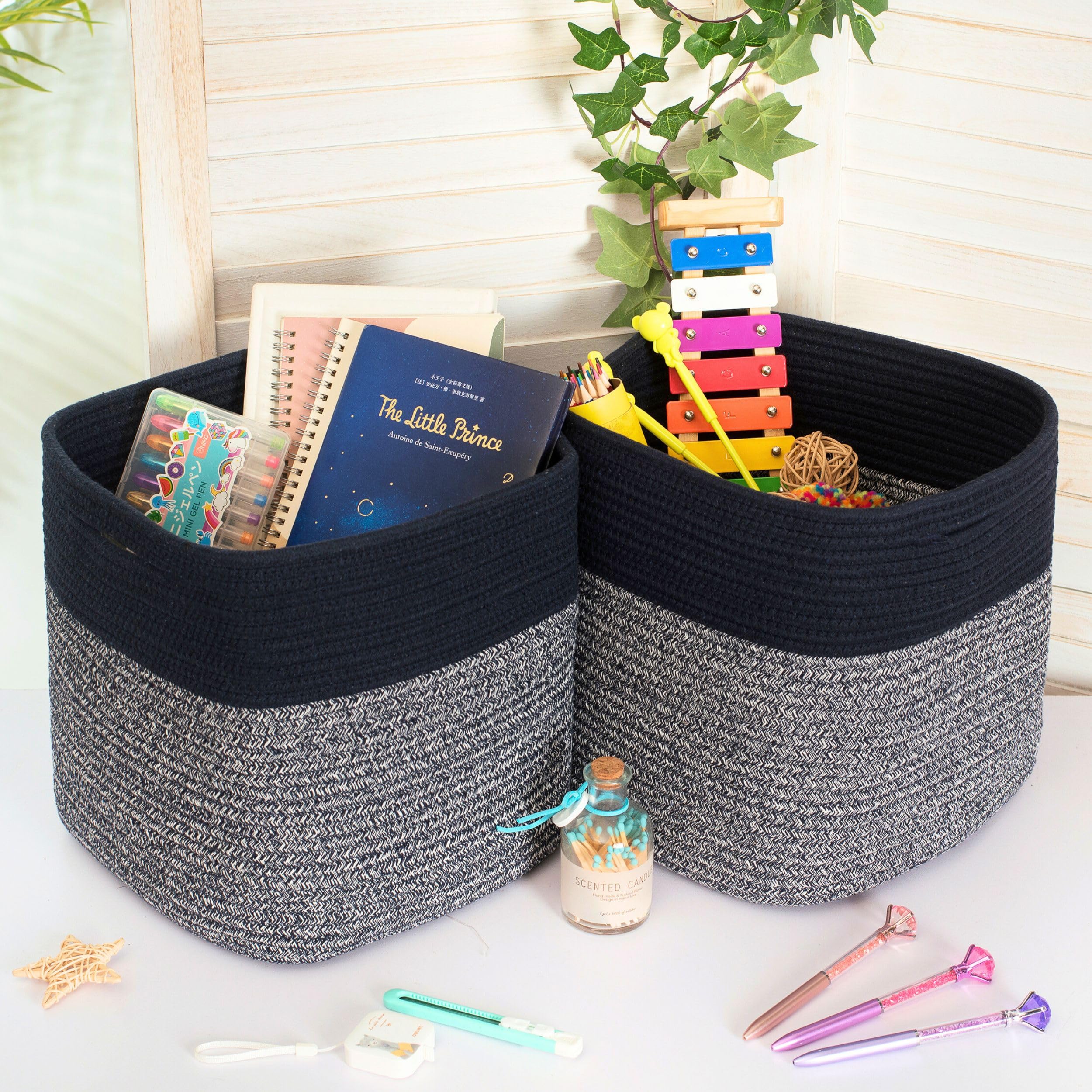 MINTWOOD Design navy woven cube bin with slit handles for easy access