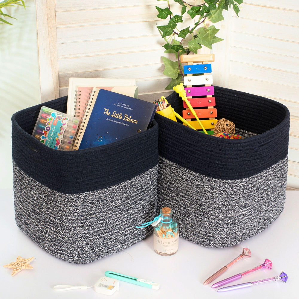 MINTWOOD Design navy woven cube bin with slit handles for easy access
