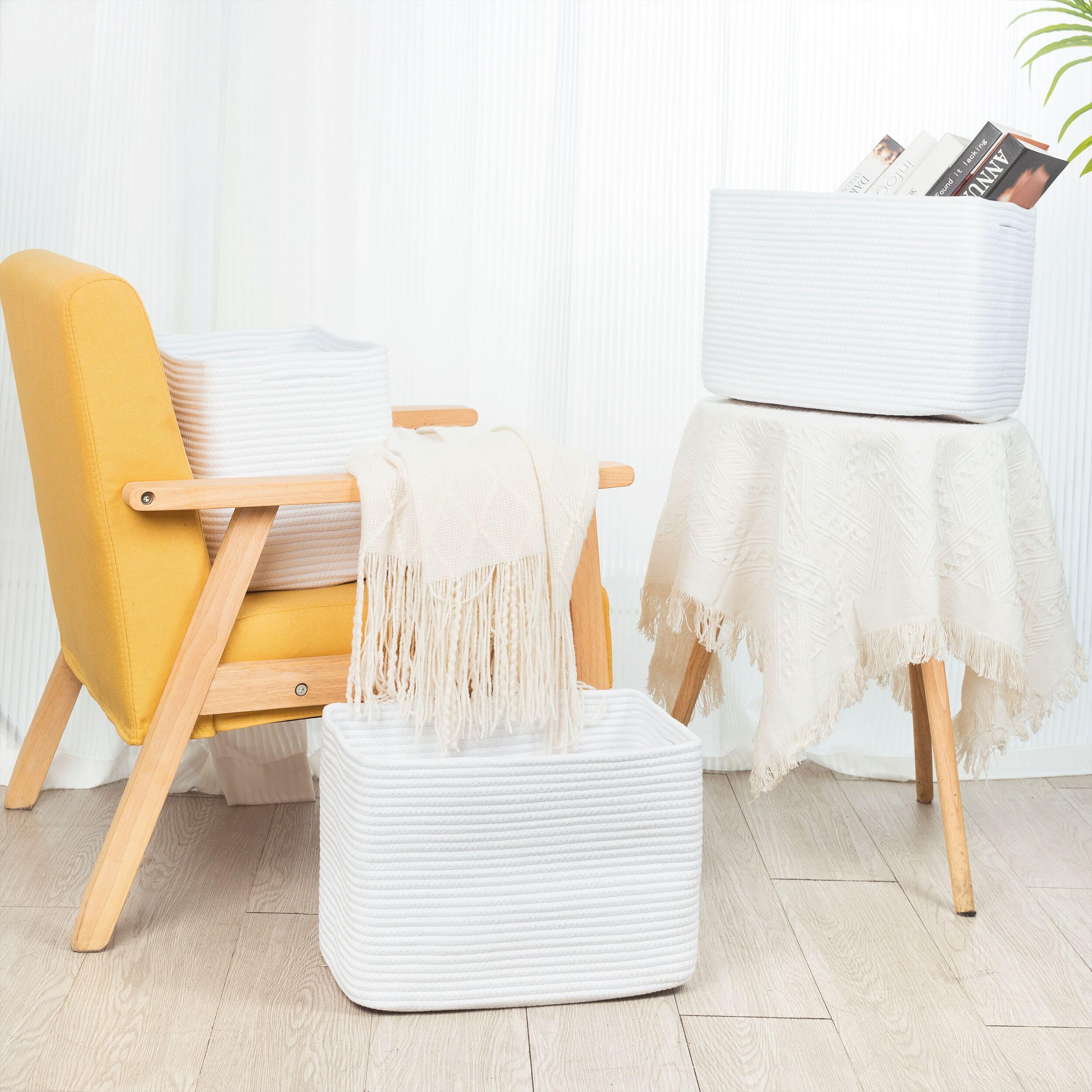 MINTWOOD Design bedside table setup with baskets for tidy essentials and decor.
