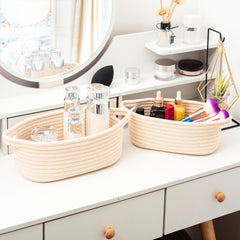 MINTWOOD Design beige woven rope baskets close-up shows durable reinforced stitching.