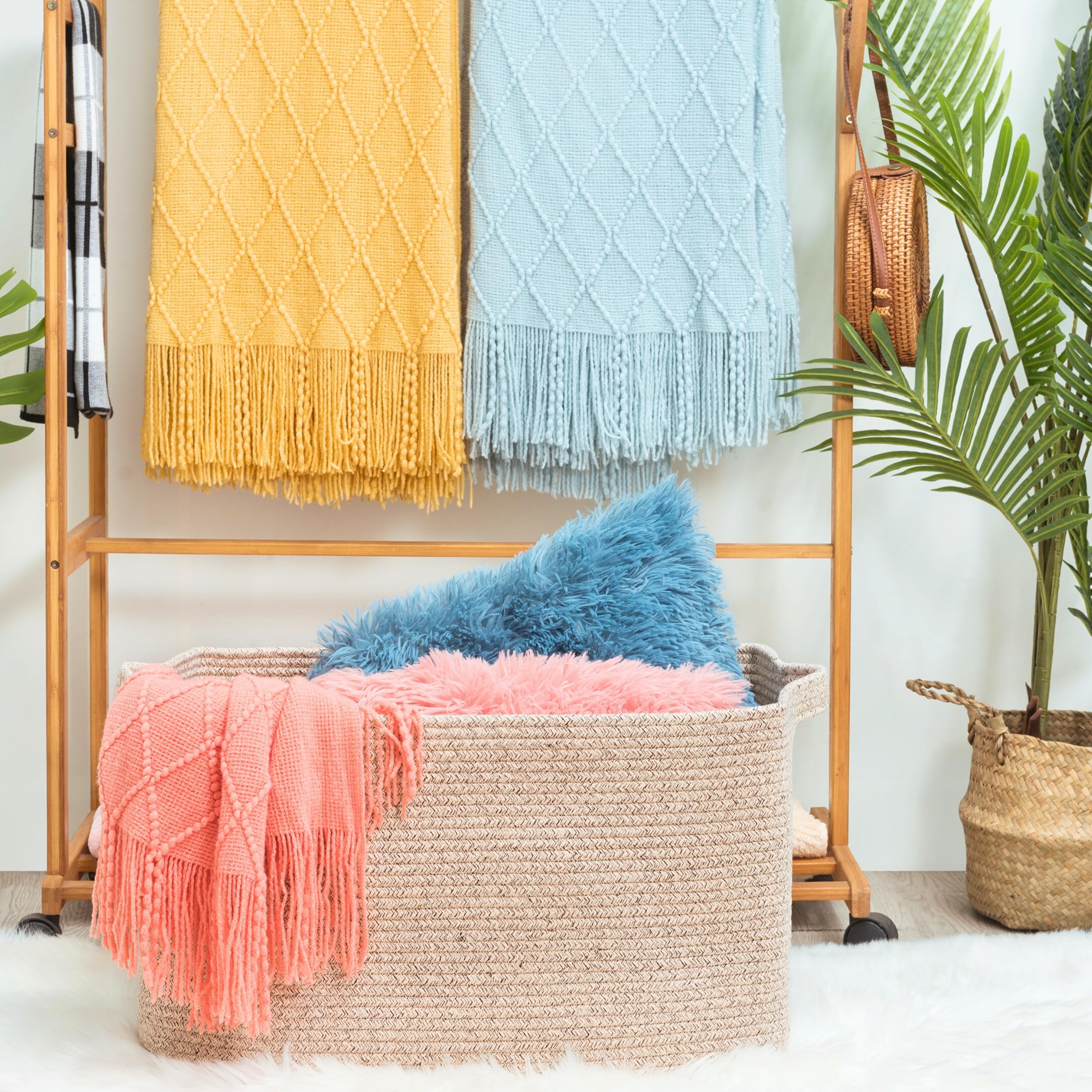 MINTWOOD Design blanket basket closeup shows cotton rope texture for durable storage.