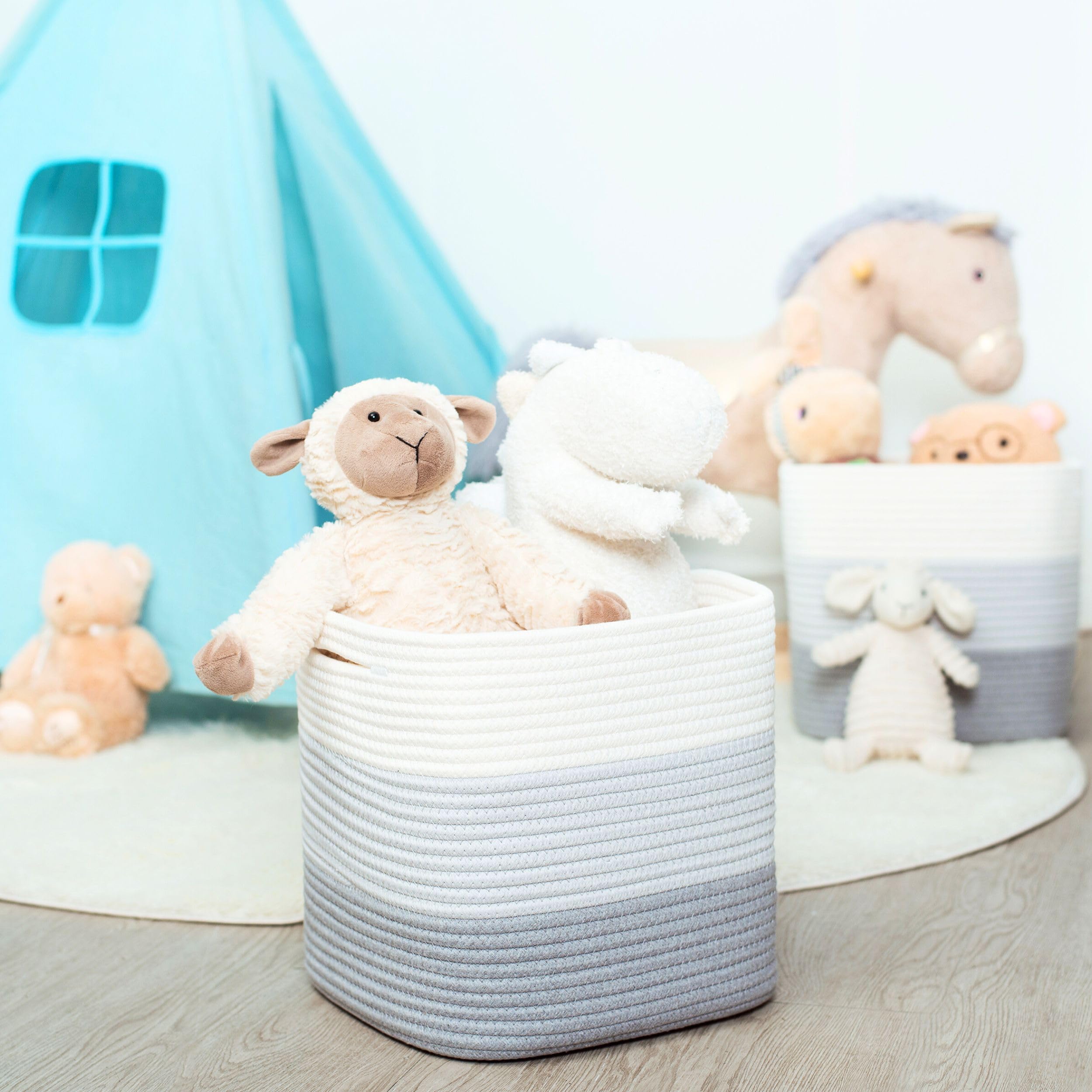 MINTWOOD Design cube bin 11x11 three-tone-grey front view complements neutral décor while tidying shelves.