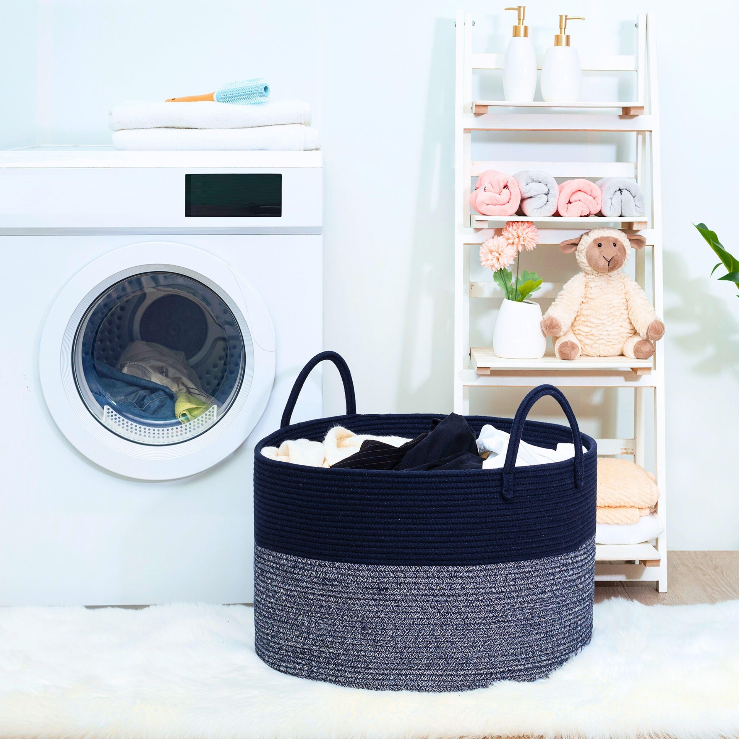 MINTWOOD Design extra-large basket navy blue handles reinforced stitching for carrying heavy loads