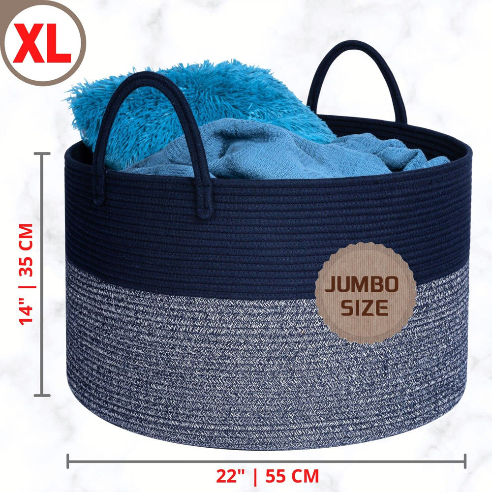 MINTWOOD Design extra-large basket navy blue side view highlights sturdy reinforced handles for easy transport