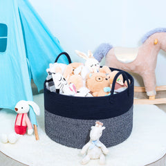 MINTWOOD Design extra-large basket navy blue top-open demonstrates collapsible versatility for quick access