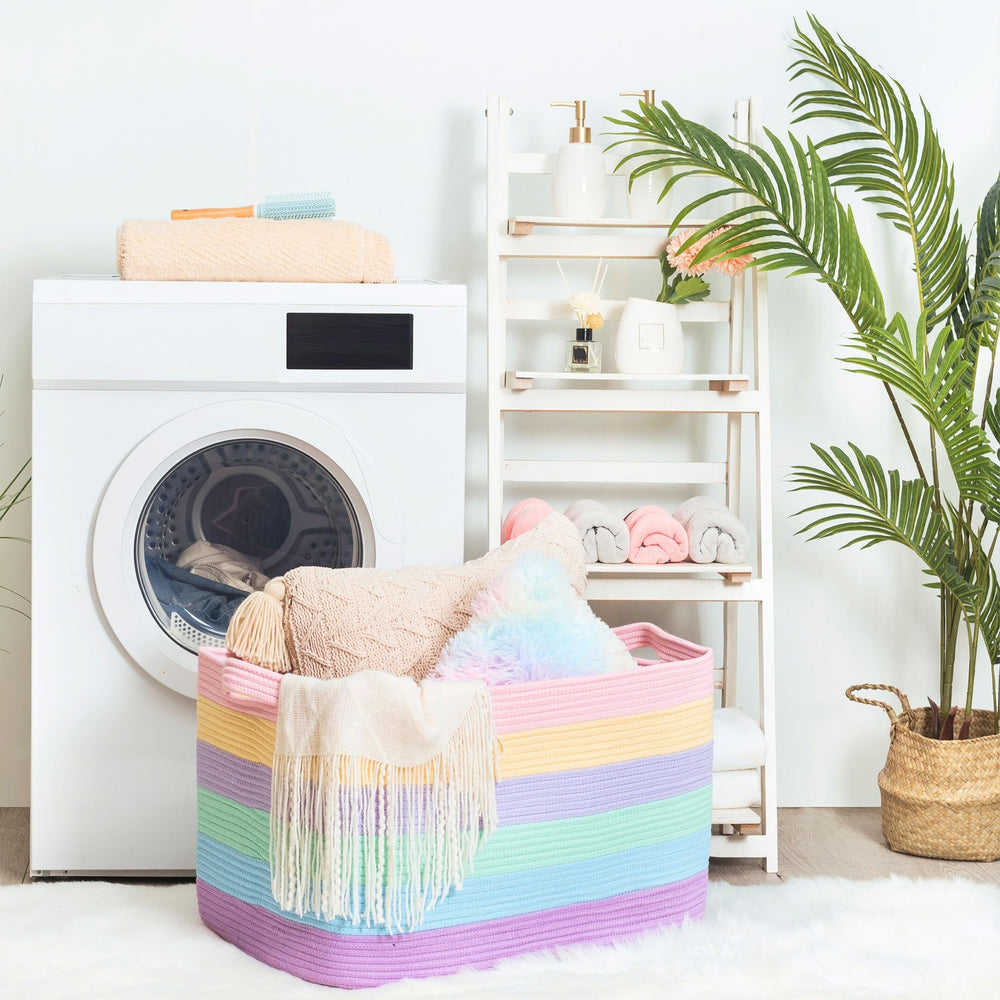 MINTWOOD Design laundry basket in room keeps bulky items tidy.