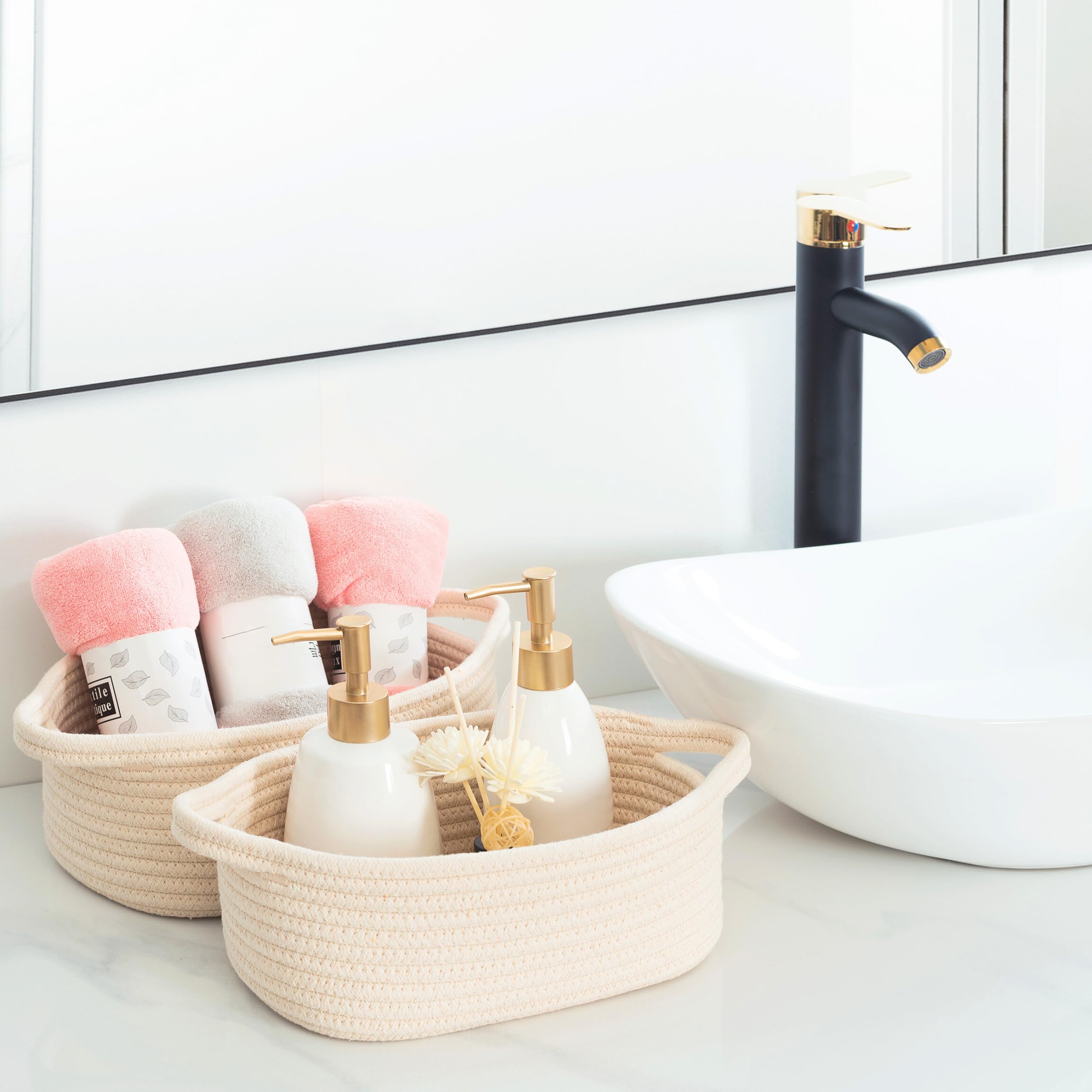 MINTWOOD Design multi-use baskets on a dresser organize daily essentials.