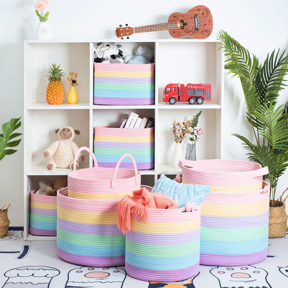MINTWOOD Design pastel rainbow bins ideal for pantry organization and access.