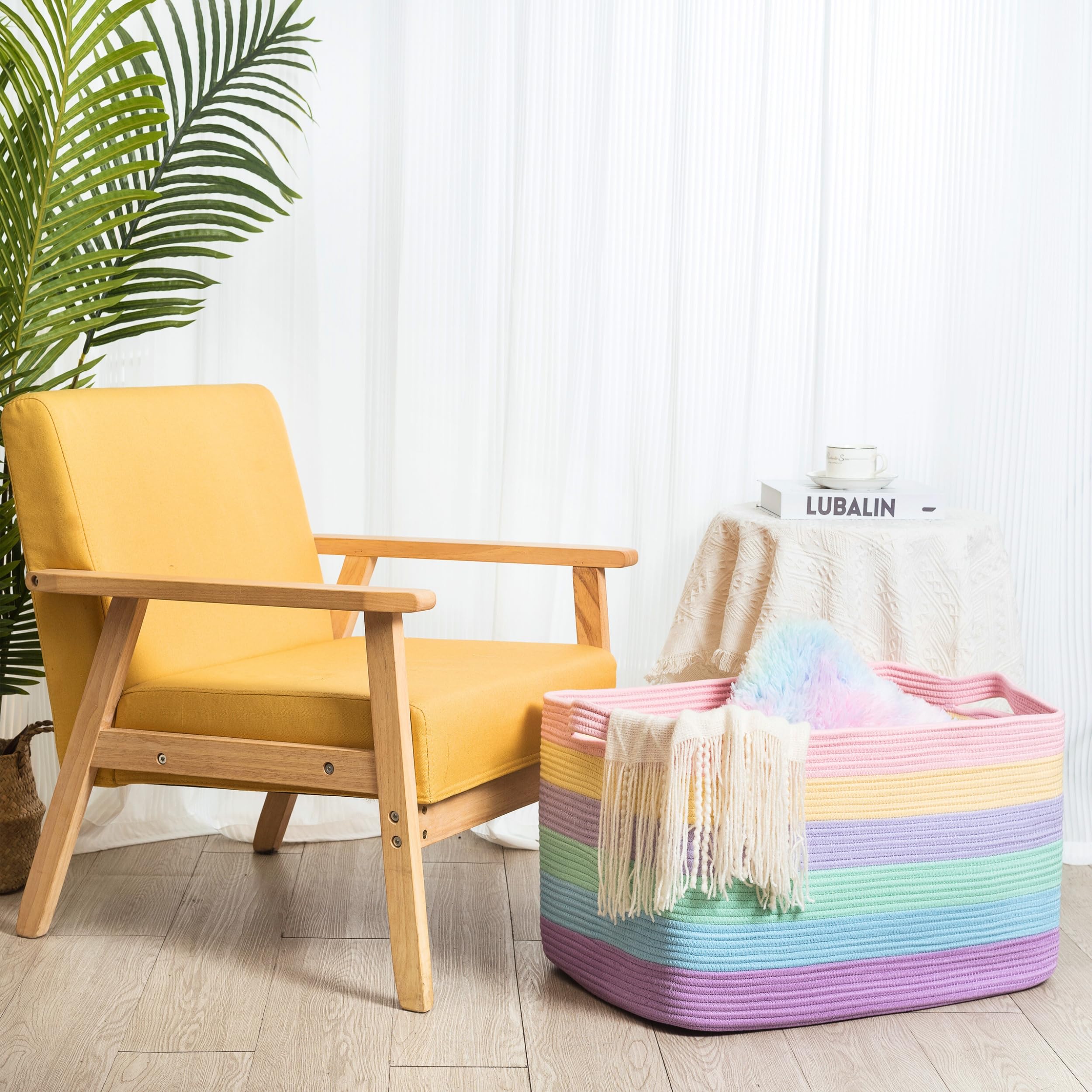 MINTWOOD Design pastel rainbow basket closeup adds stylish storage to decor.