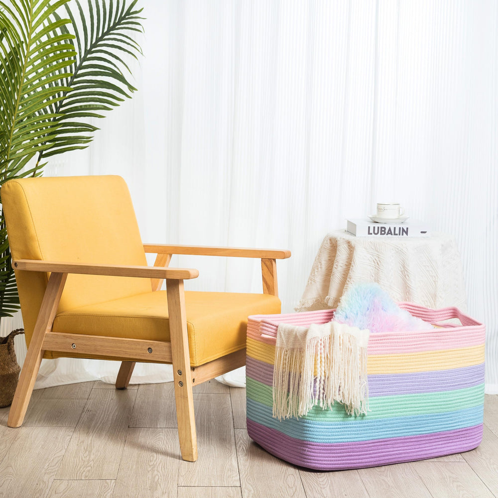 MINTWOOD Design pastel rainbow basket closeup adds stylish storage to decor.