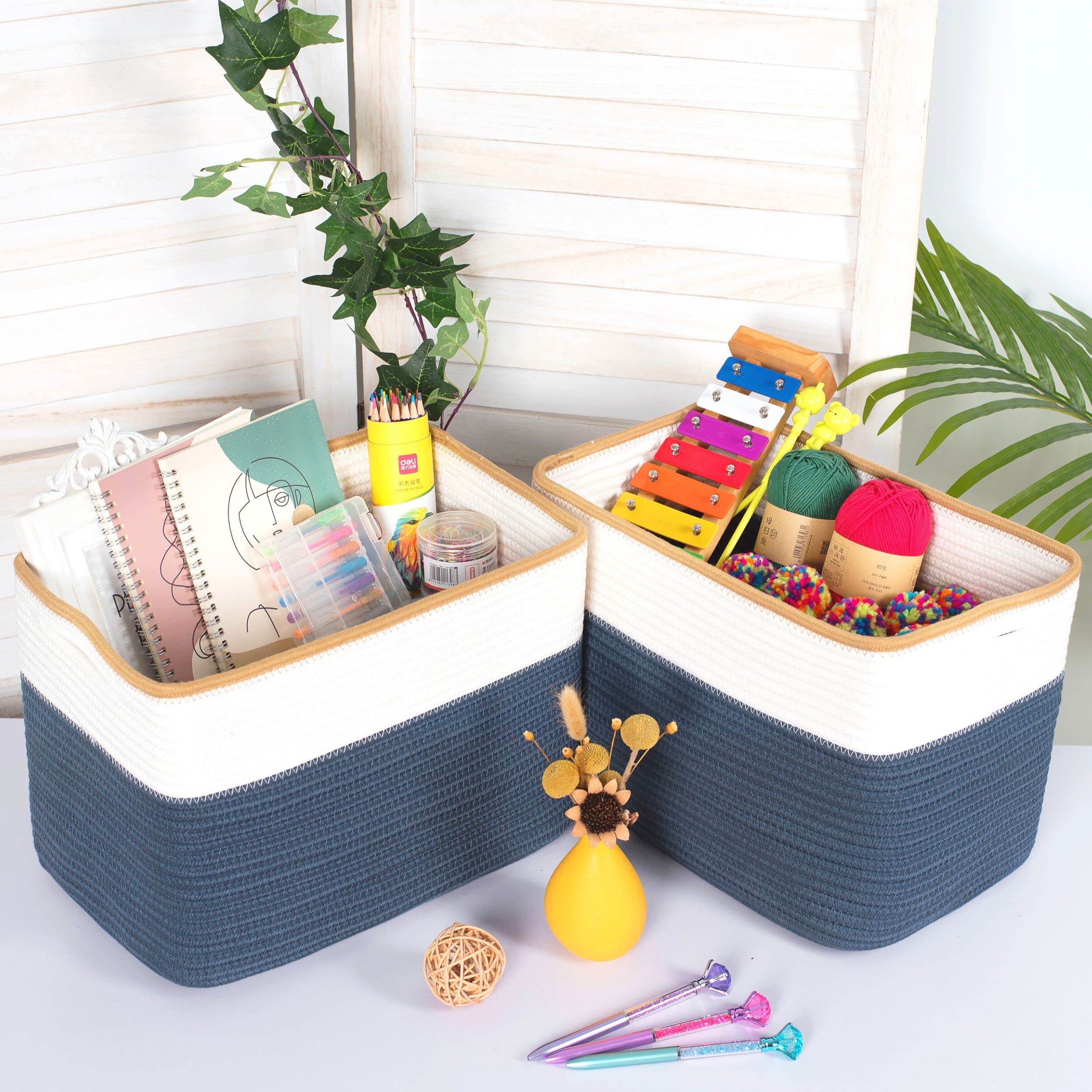 MINTWOOD Design Prussian Blue basket on nursery shelf adds decorative organization.