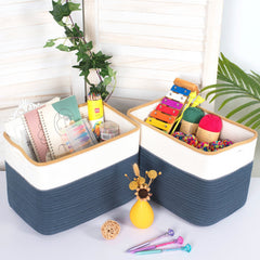 MINTWOOD Design Prussian Blue basket on nursery shelf adds decorative organization.