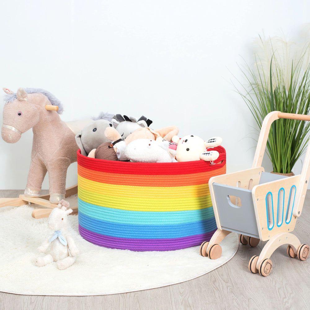 MINTWOOD Design rainbow basket 22x14 size shown for spacious blanket storage
