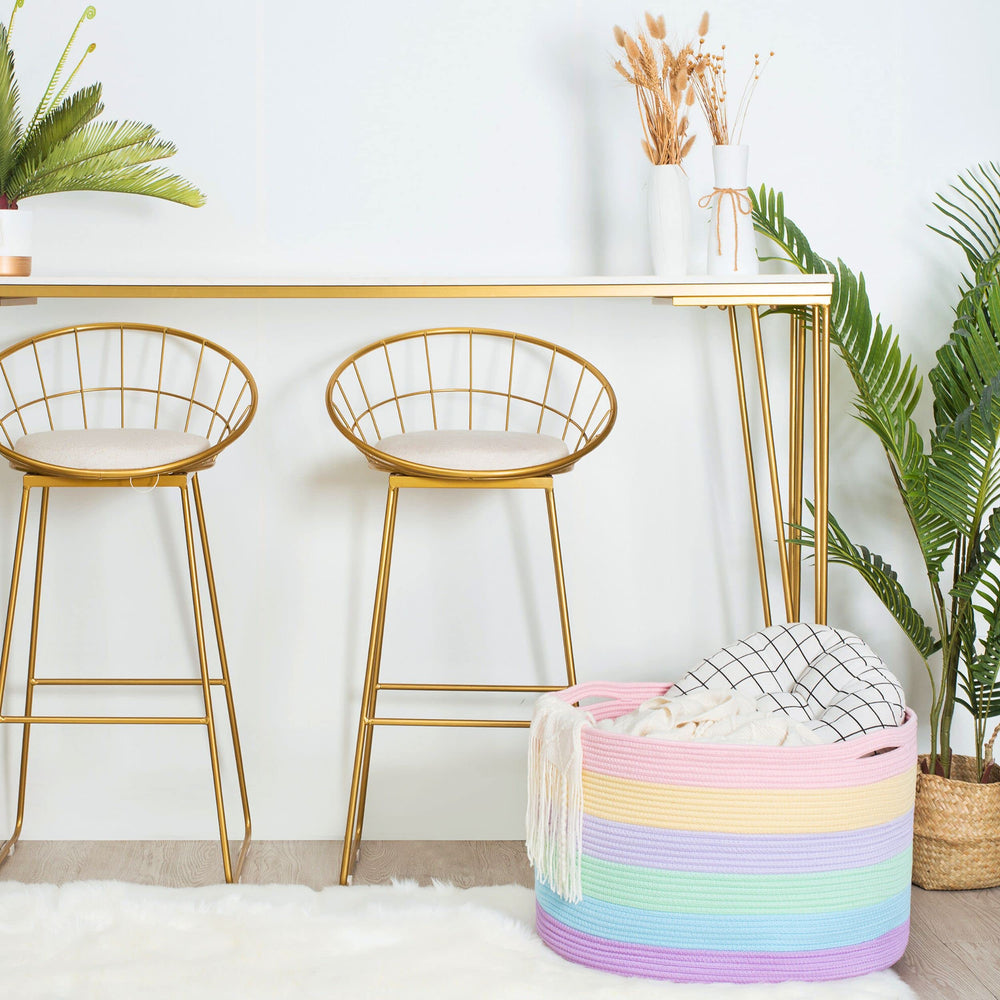 MINTWOOD Design Rainbow Basket collapsed for easy storage when not in use.