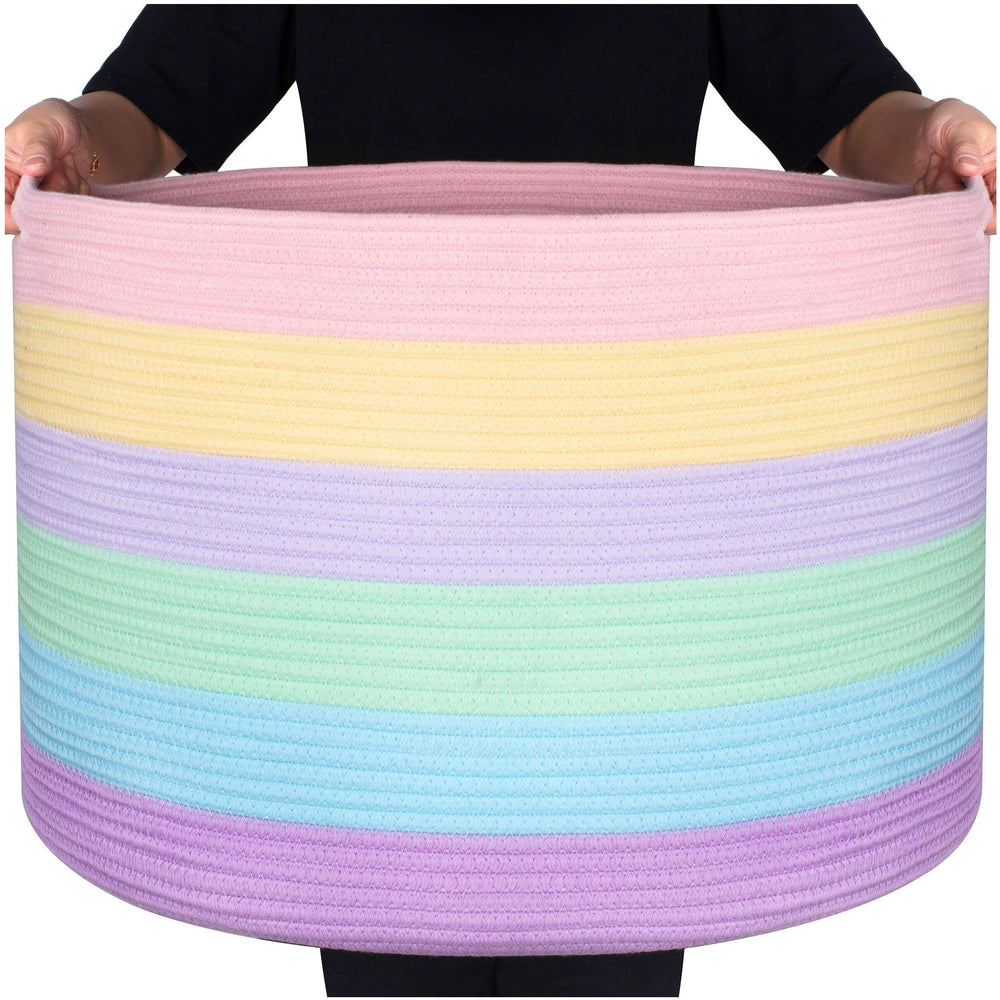 MINTWOOD Design Rainbow Basket front view highlights roomy storage for blankets and toys.