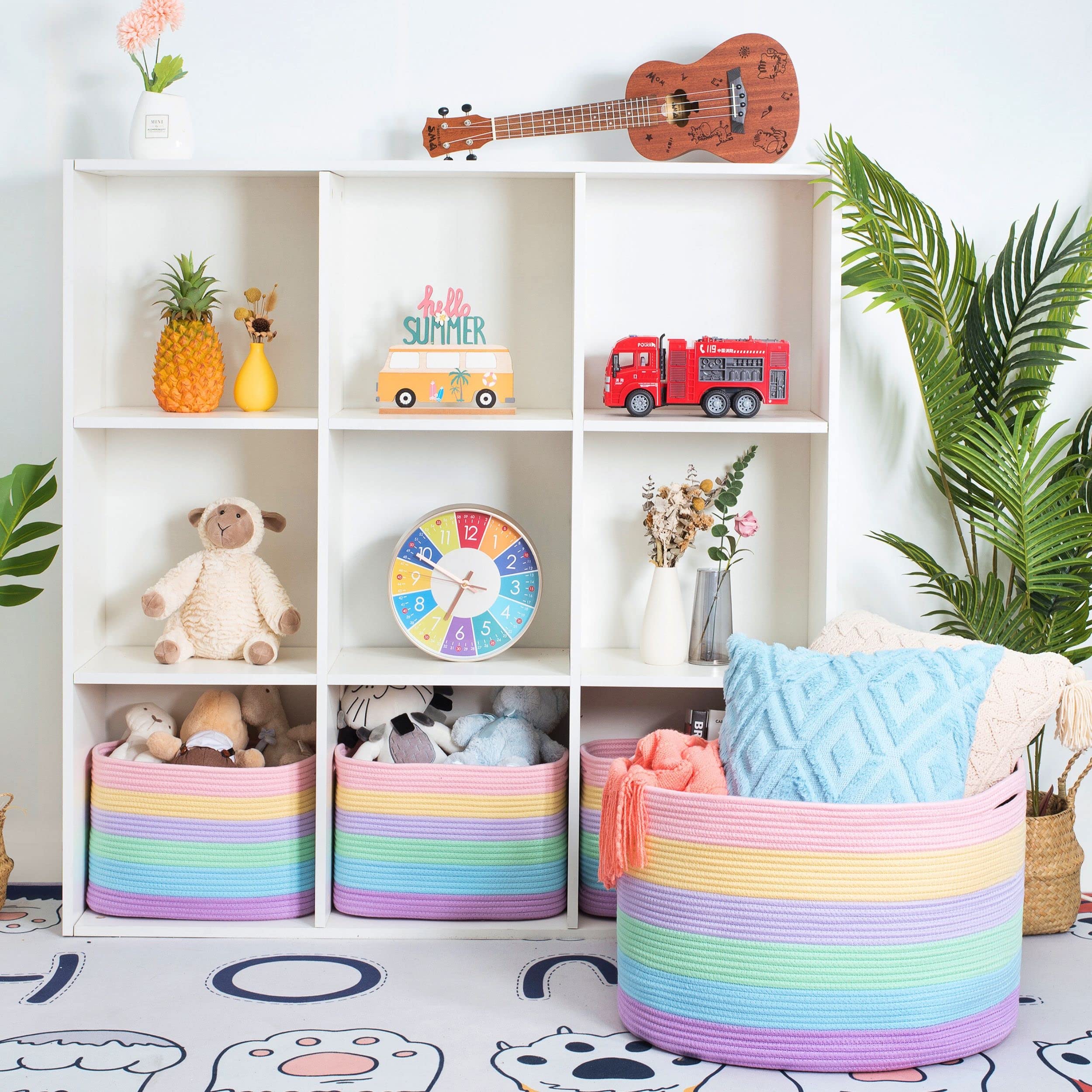 MINTWOOD Design Rainbow Basket in living room demonstrates stylish storage that complements modern decor.