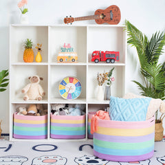 MINTWOOD Design Rainbow Basket in living room demonstrates stylish storage that complements modern decor.