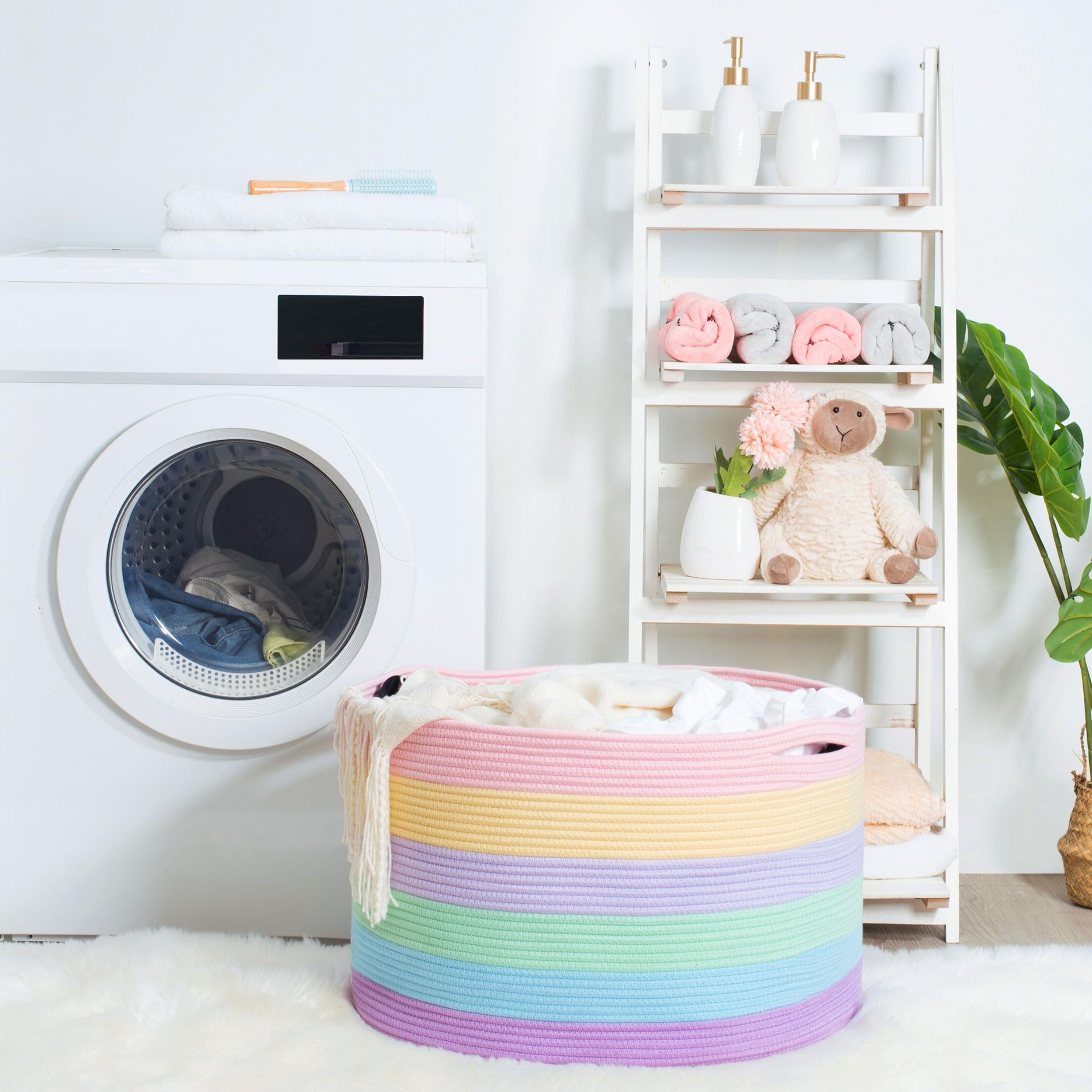 MINTWOOD Design Rainbow Basket in nursery shows safe edge-free design for kids' blankets and toys.