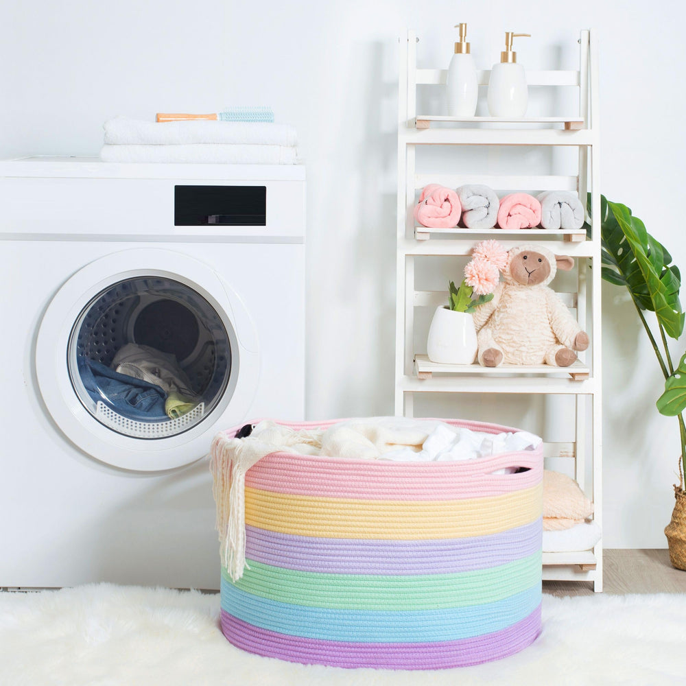 MINTWOOD Design Rainbow Basket in nursery shows safe edge-free design for kids' blankets and toys.