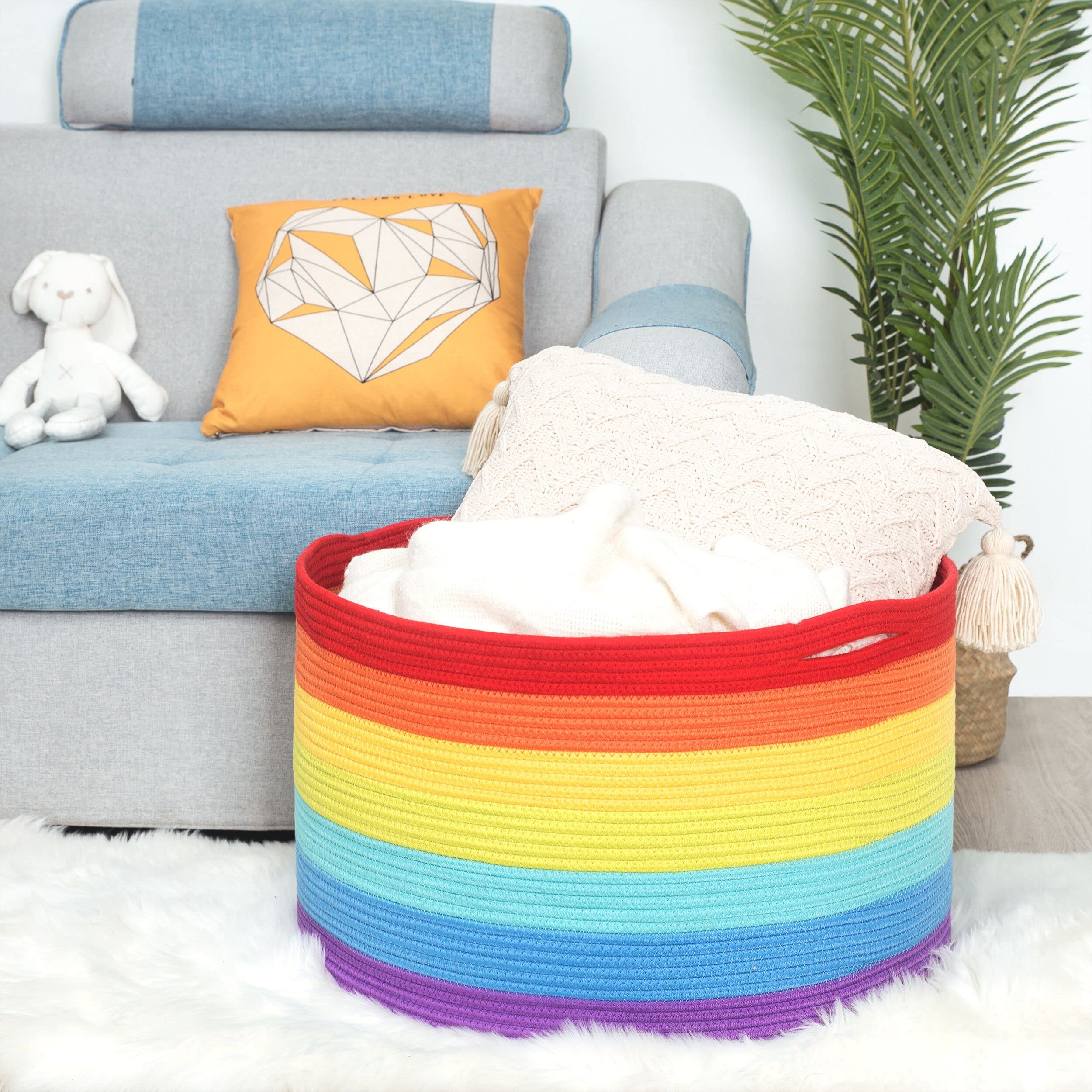 MINTWOOD Design rainbow basket in playroom stores toys and books