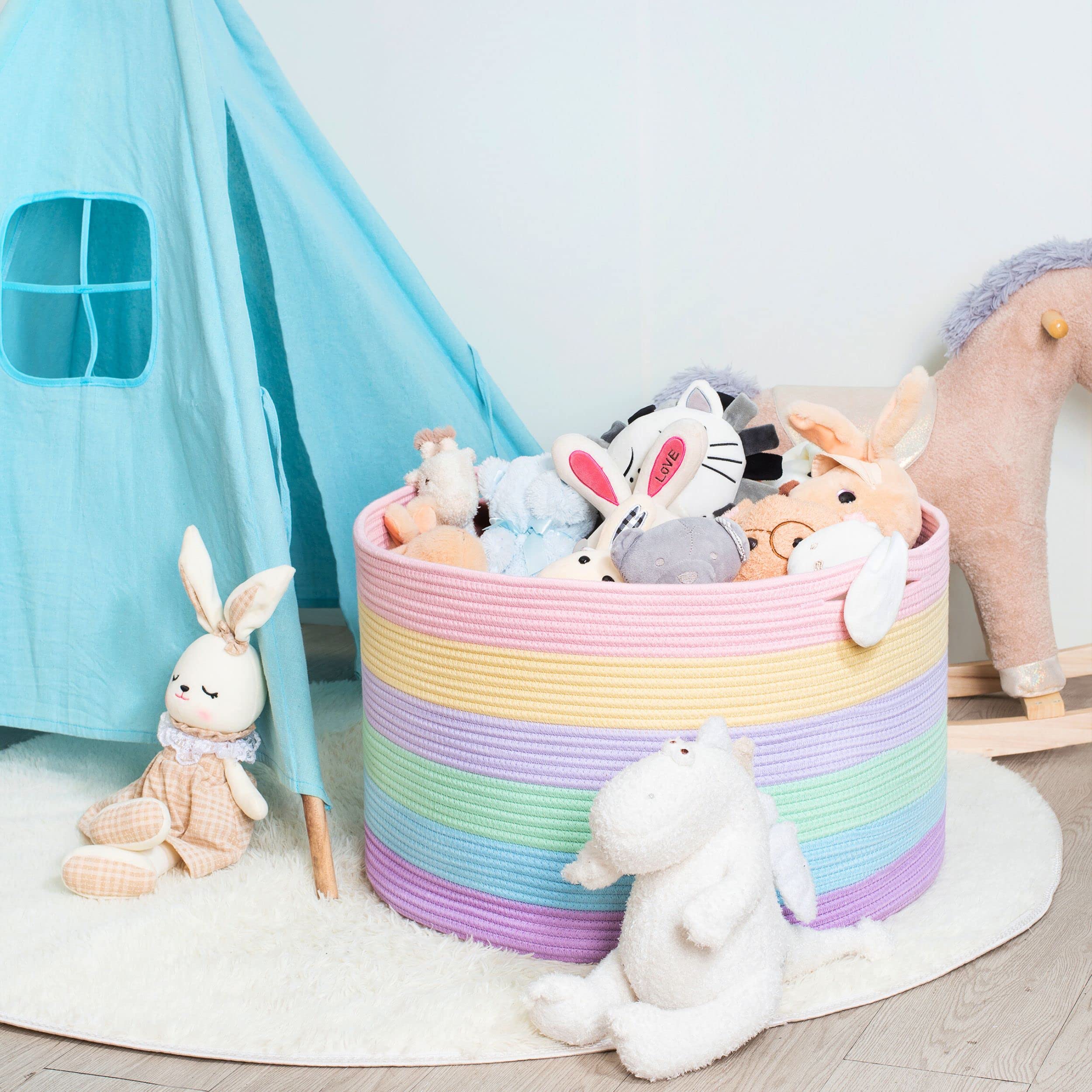 MINTWOOD Design Rainbow Basket side view highlights spacious interior for throws and plush toys.