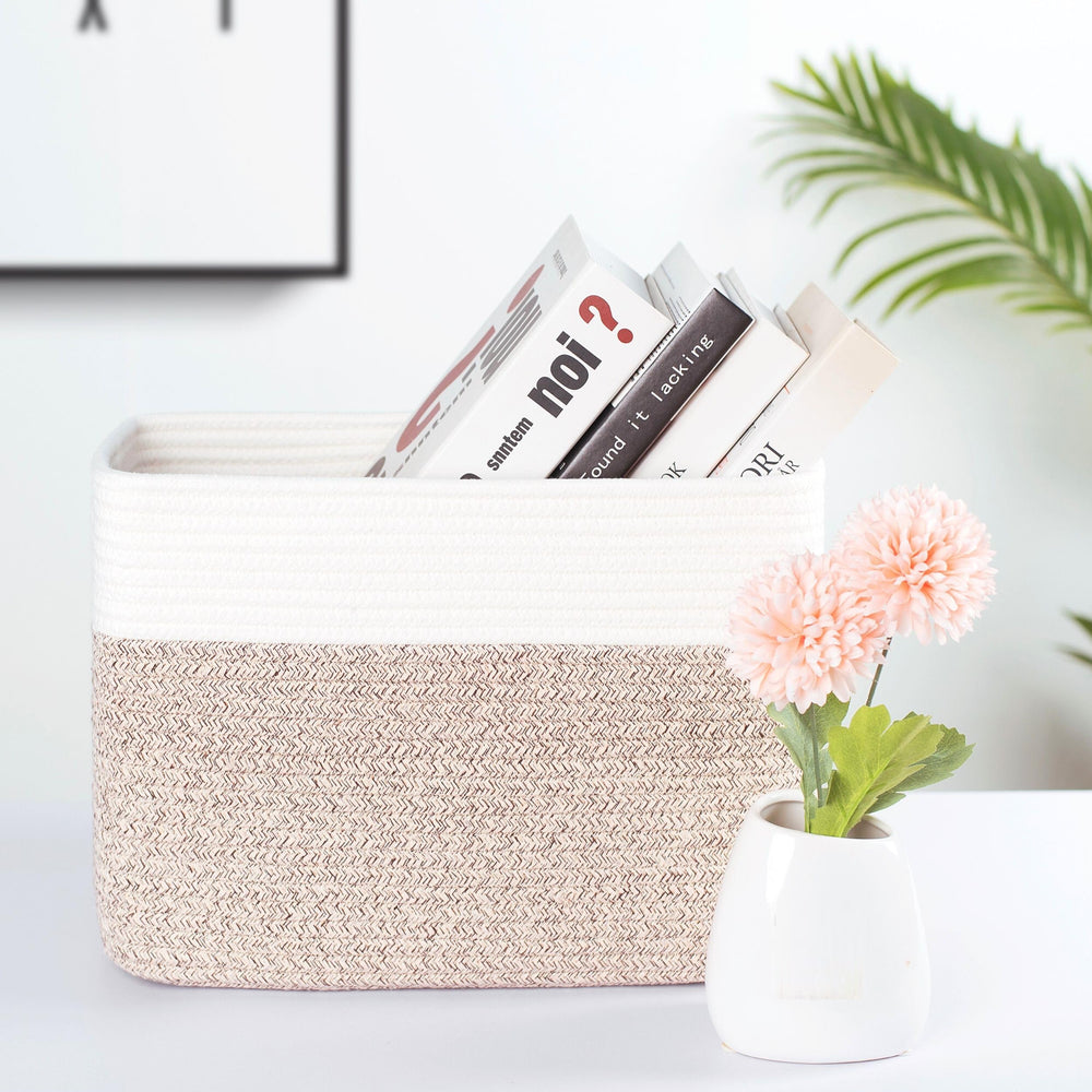 Mintwood Design cube storage basket in living room display for versatile organization.