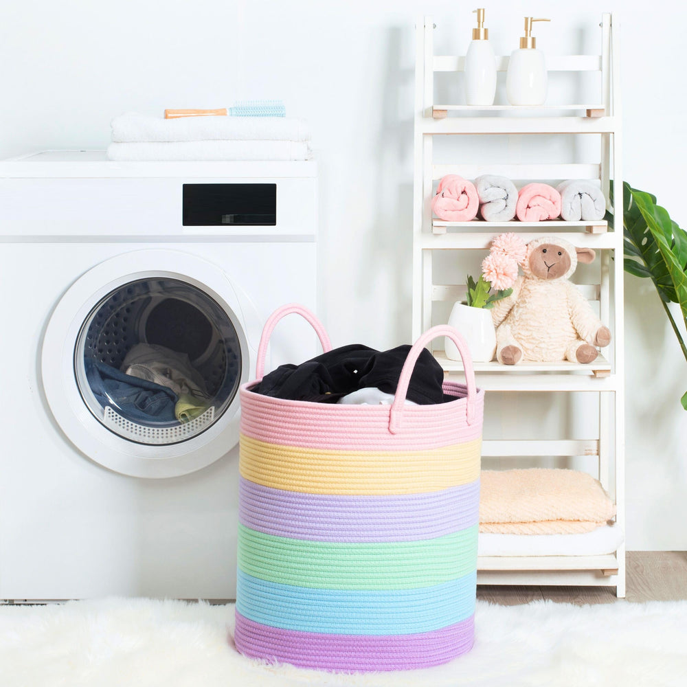 MINTWOOD Design pastel rainbow basket close-up showing soft cotton rope texture for home organization.