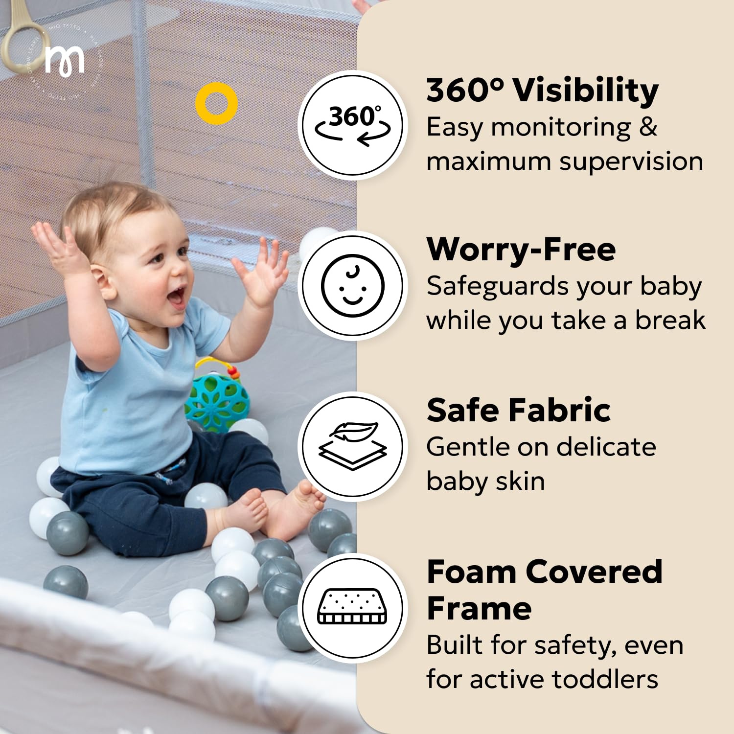 MioTetto Baby Playpen gate-zipper demonstrates easy access with secure closure for toddlers.