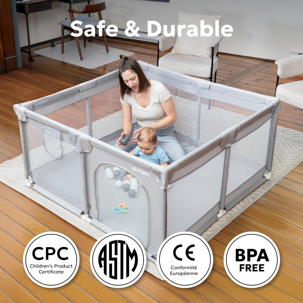 MioTetto Baby Playpen suction-base keeps the play yard stable during active playtime.