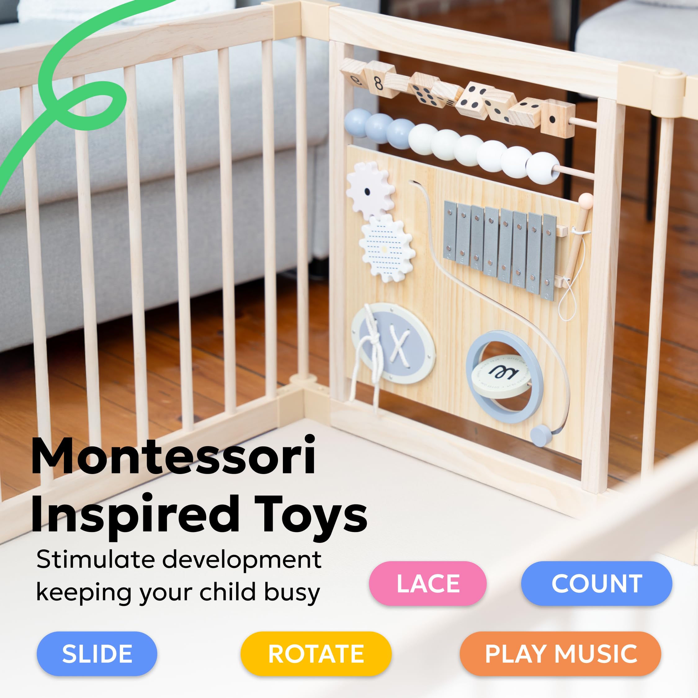 MioTetto Wooden Playpen spacious layout supports crawling and independent play.