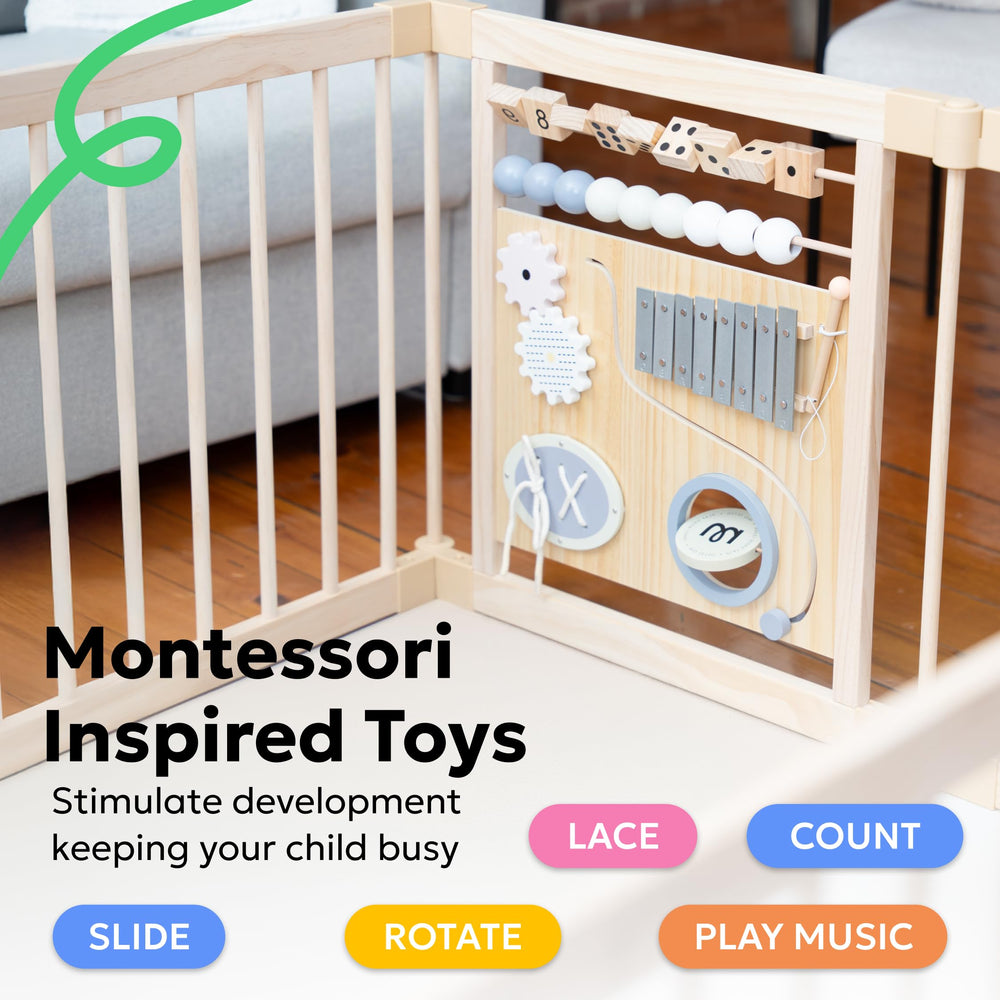 MioTetto Wooden Playpen spacious layout supports crawling and independent play.