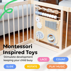 MioTetto Wooden Playpen spacious layout supports crawling and independent play.