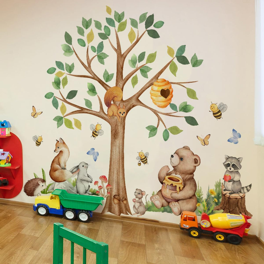Mirabuy honey bee hive and butterflies add whimsy to a kid-friendly forest scene.
