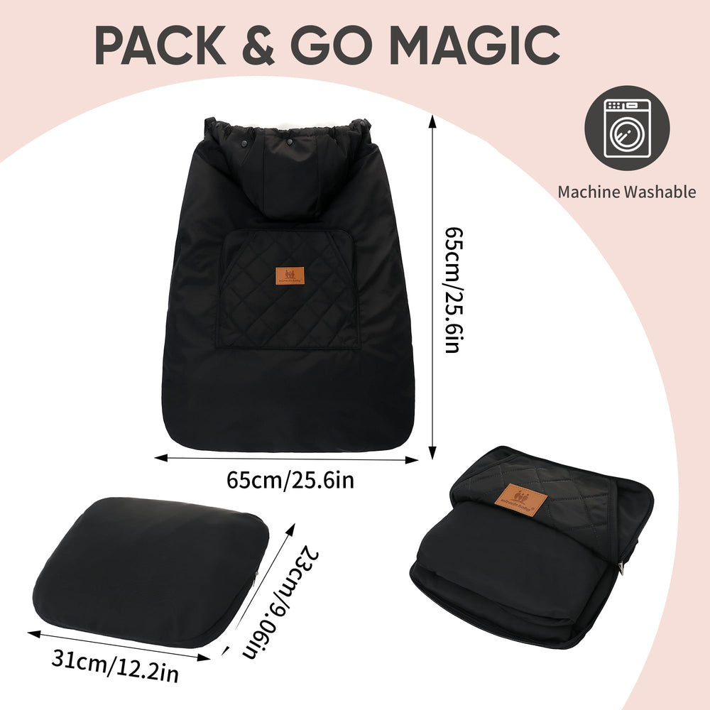Miracle Baby carrier cover folds into a compact storage pouch for on-the-go use.
