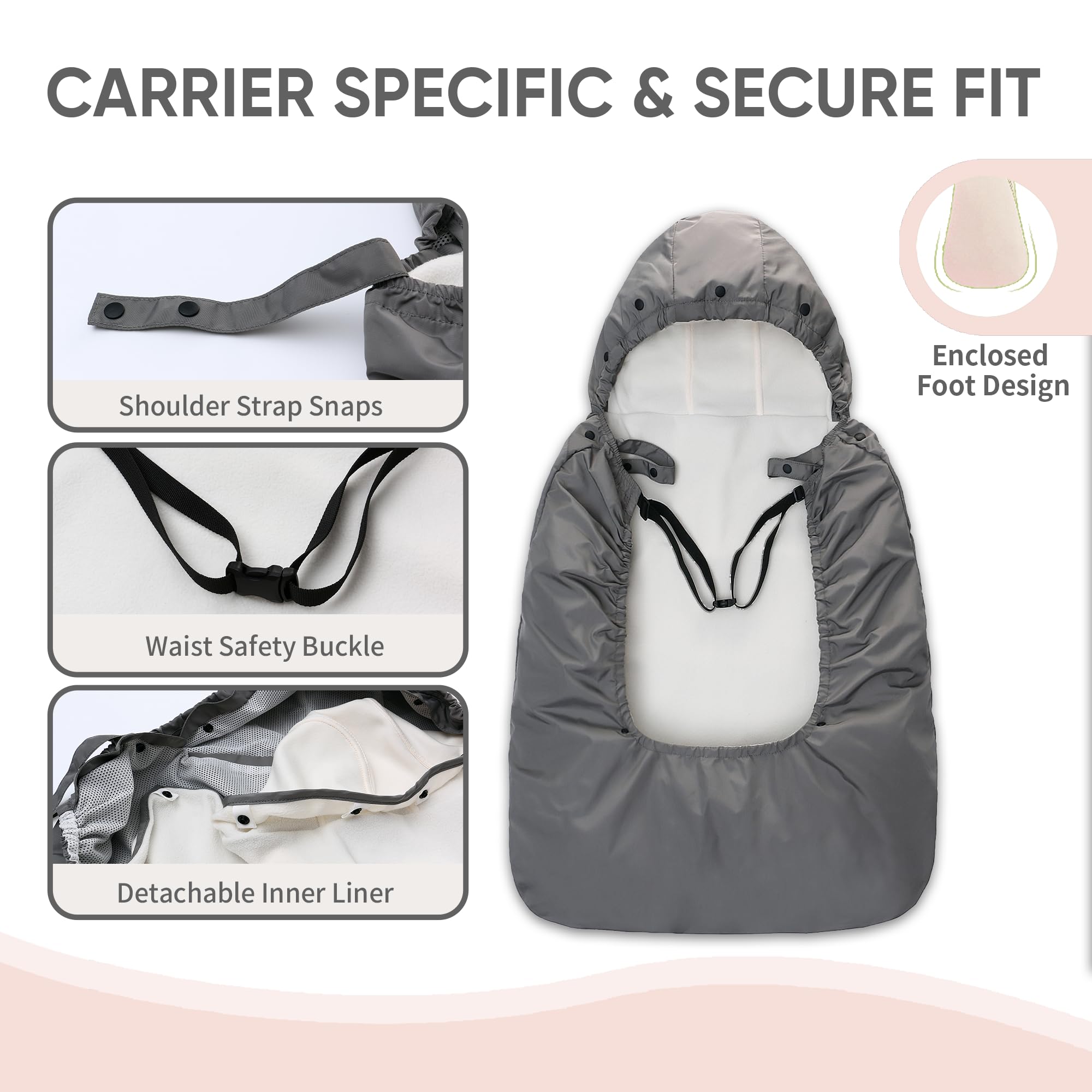 Miracle Baby Carrier Cover with shoulder strap snaps and waist buckle securing a stable fit