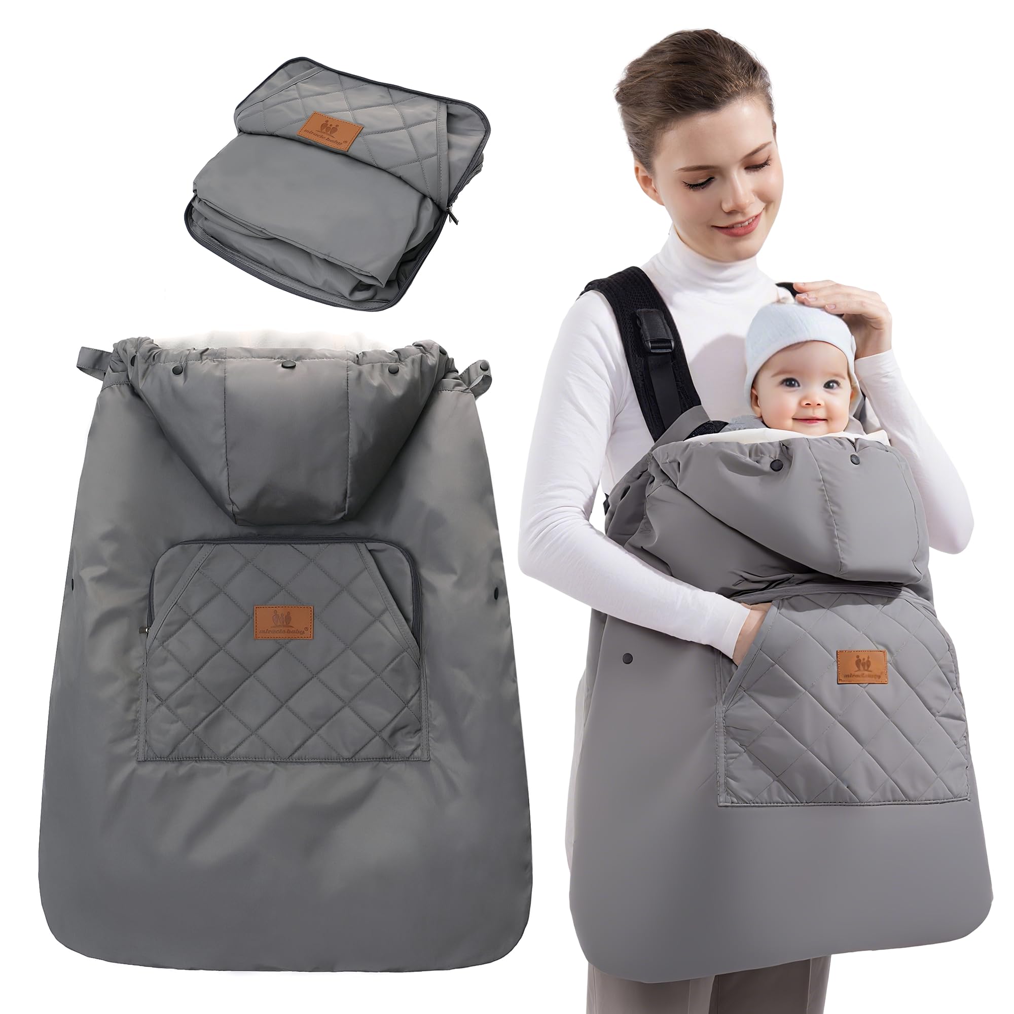 Miracle Baby Carrier Cover demonstrates the waterproof windproof outer shell protecting a baby outdoors