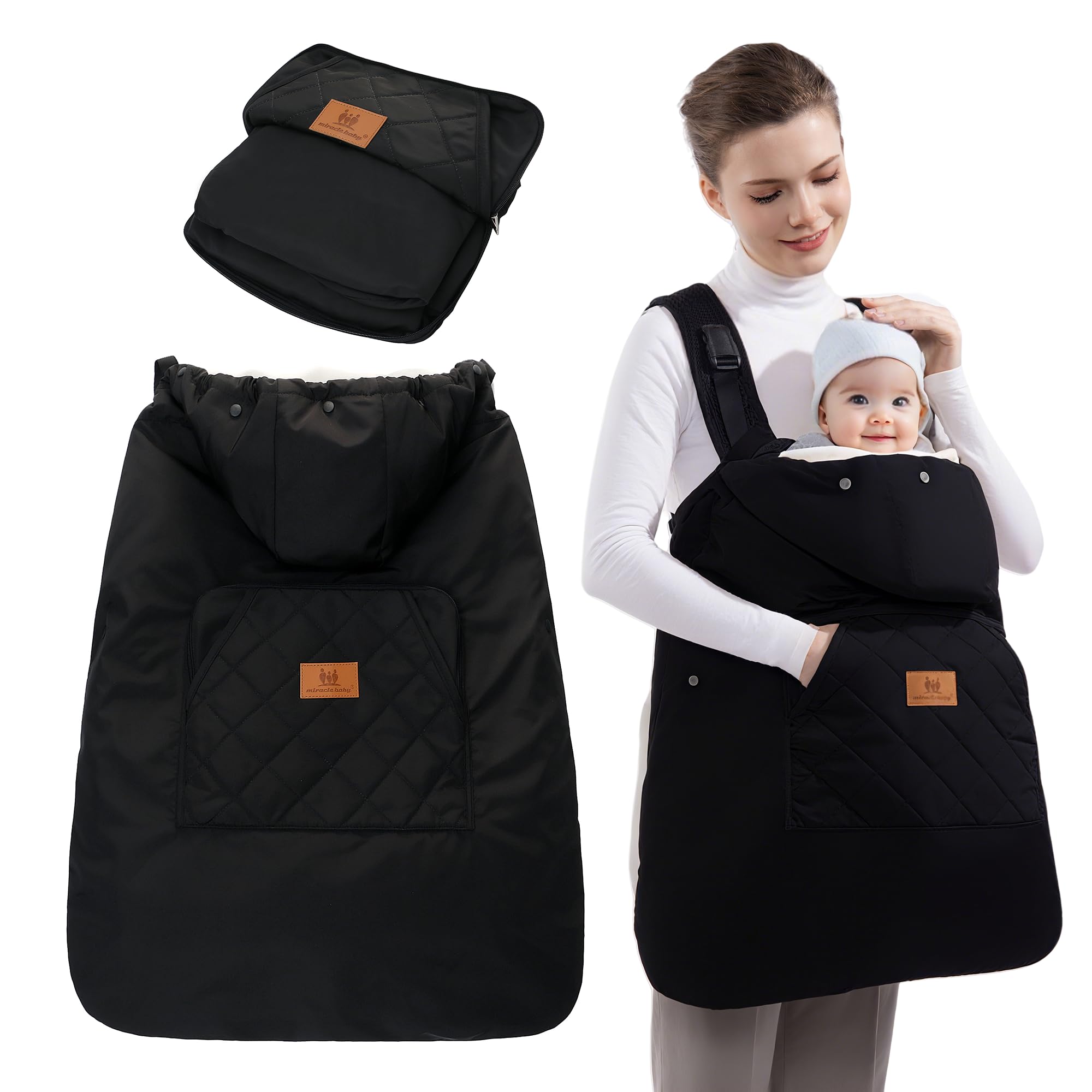 Miracle Baby carrier cover with waterproof outer shell shields baby from rain and wind.