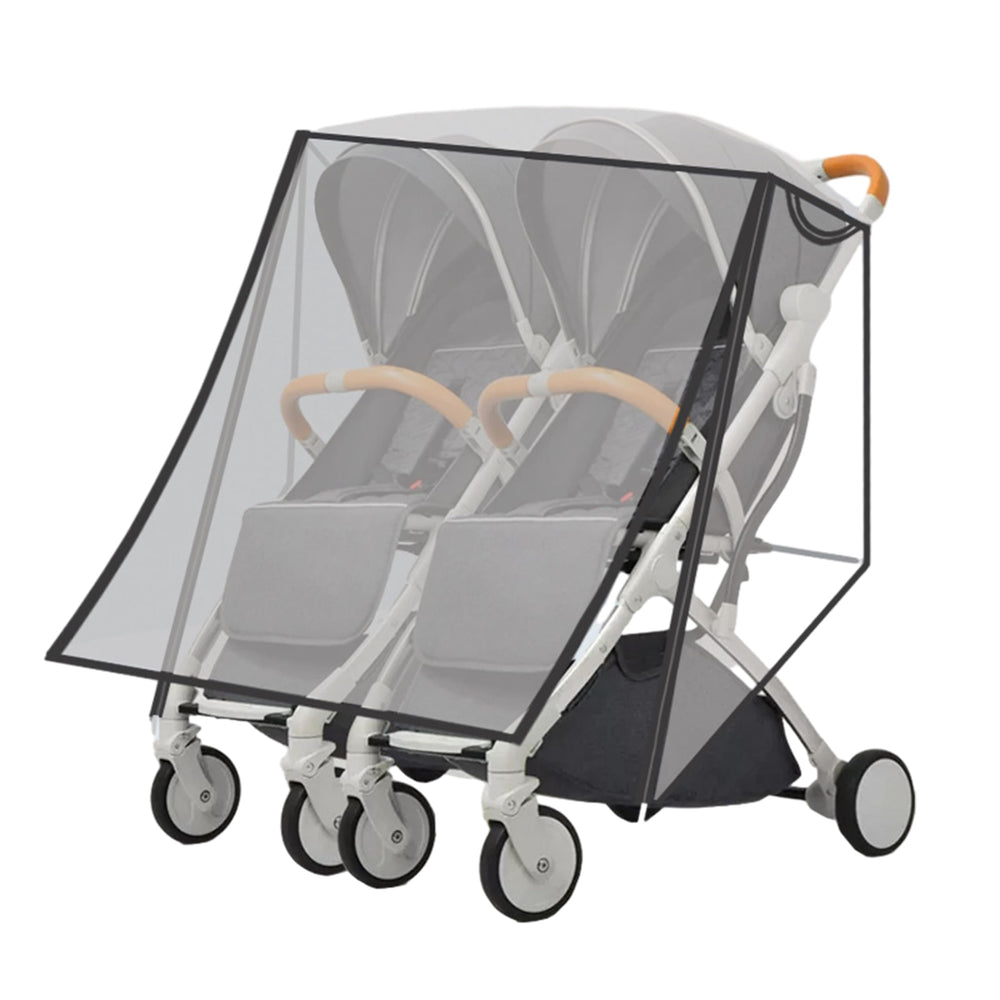 Miracle Baby double stroller rain cover full-coverage provides all-weather protection.
