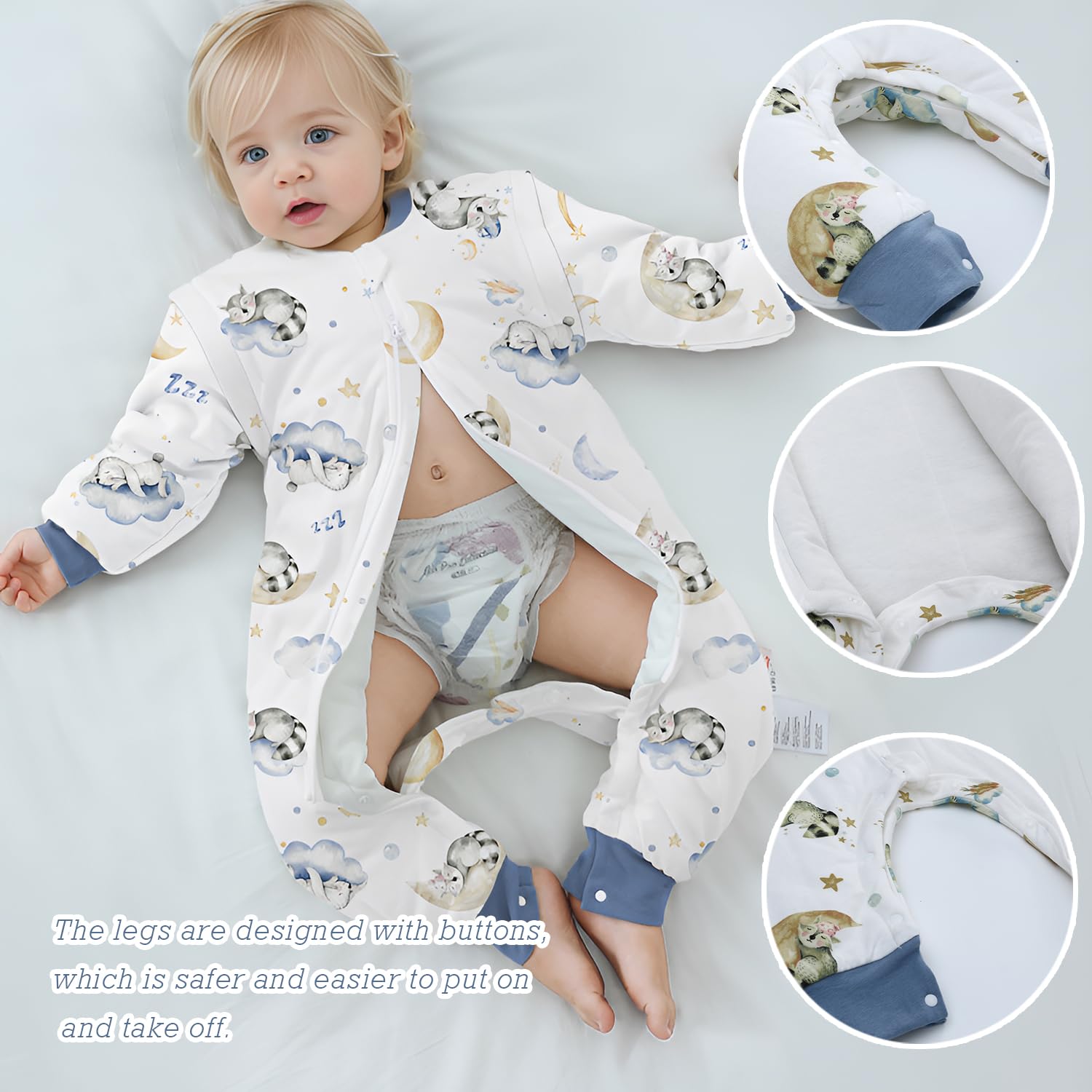 Miracle Baby footed sleep sack supports crawling and movement.