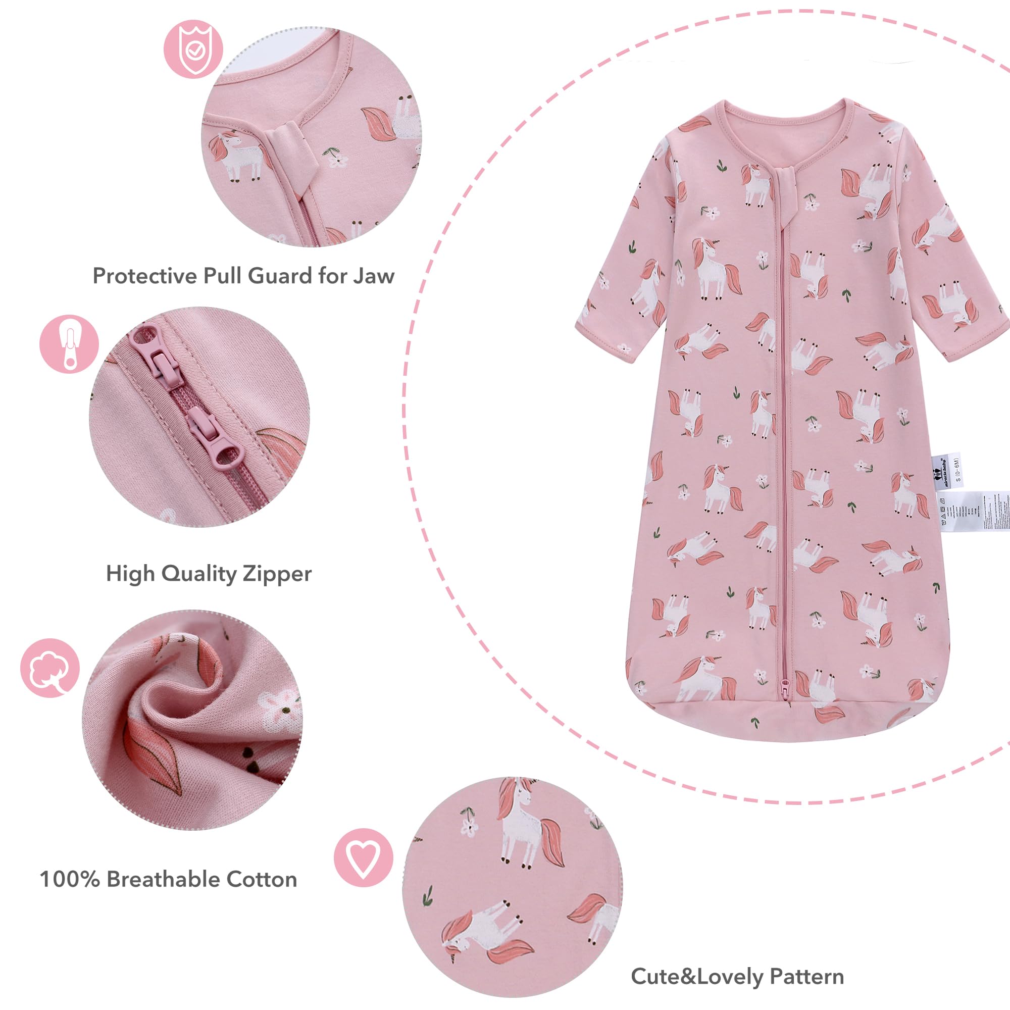 Miracle Baby Sleep Sack long sleeve horse pattern demonstrates roomy hip-friendly fit for kicking and turning