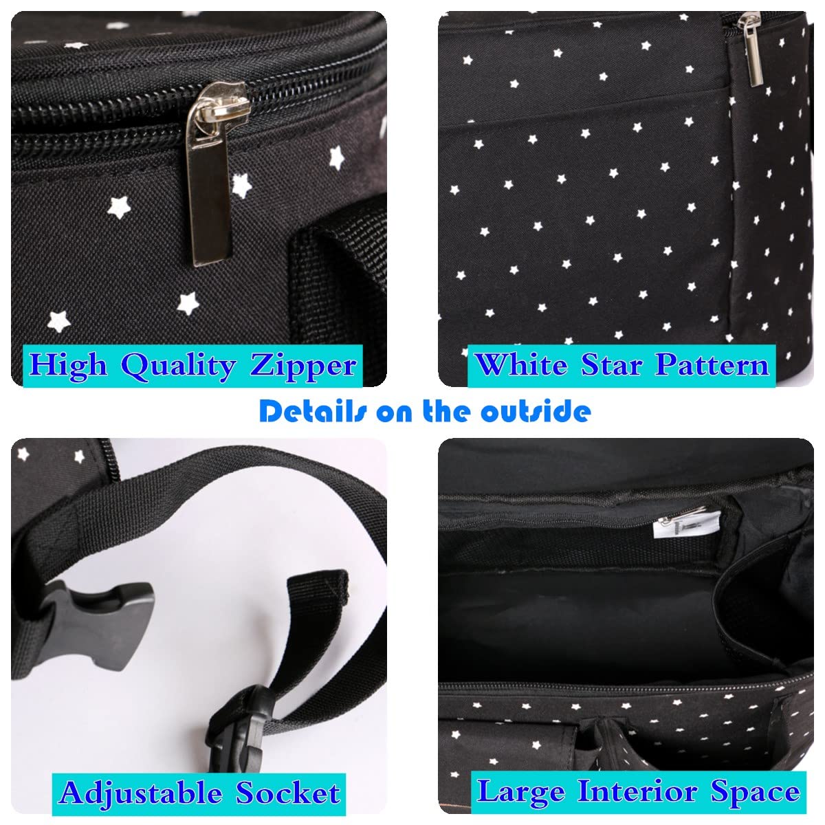 Miracle Baby stroller organizer bag attaches easily to stroller bars for quick setup.