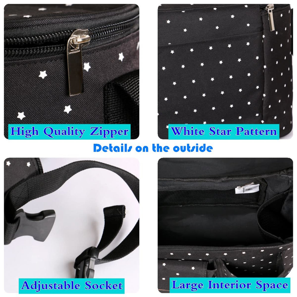 Miracle Baby stroller organizer bag attaches easily to stroller bars for quick setup.