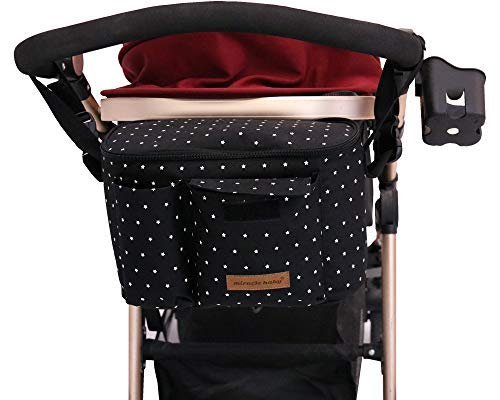 Miracle Baby stroller organizer bag front view highlights universal fit for easy access on walks.