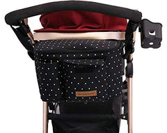 Miracle Baby stroller organizer bag front view highlights universal fit for easy access on walks.