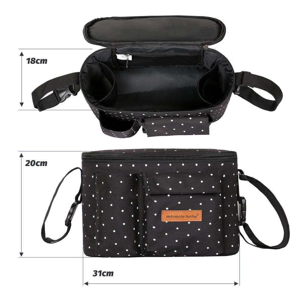 Miracle Baby stroller organizer bag multiple pockets emphasizes organized storage for phone, bottle, toys.