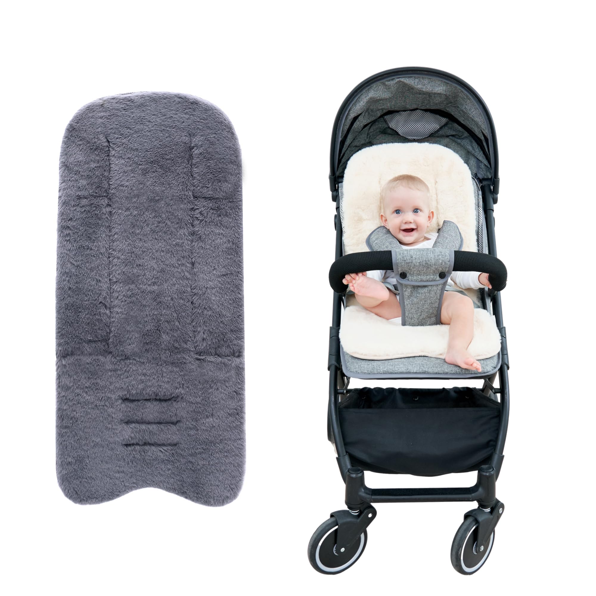 Miracle Baby stroller seat liner closeup shows plush faux fur for cozy warmth.