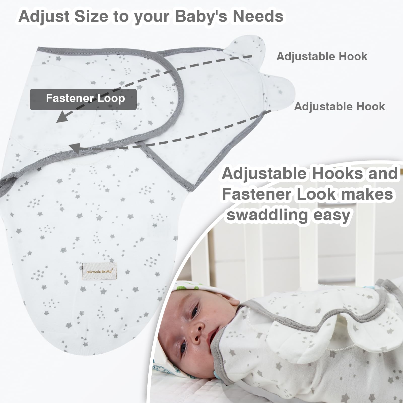 Miracle Baby swaddle 50x75cm 0-3 months size supports hip-friendly growth